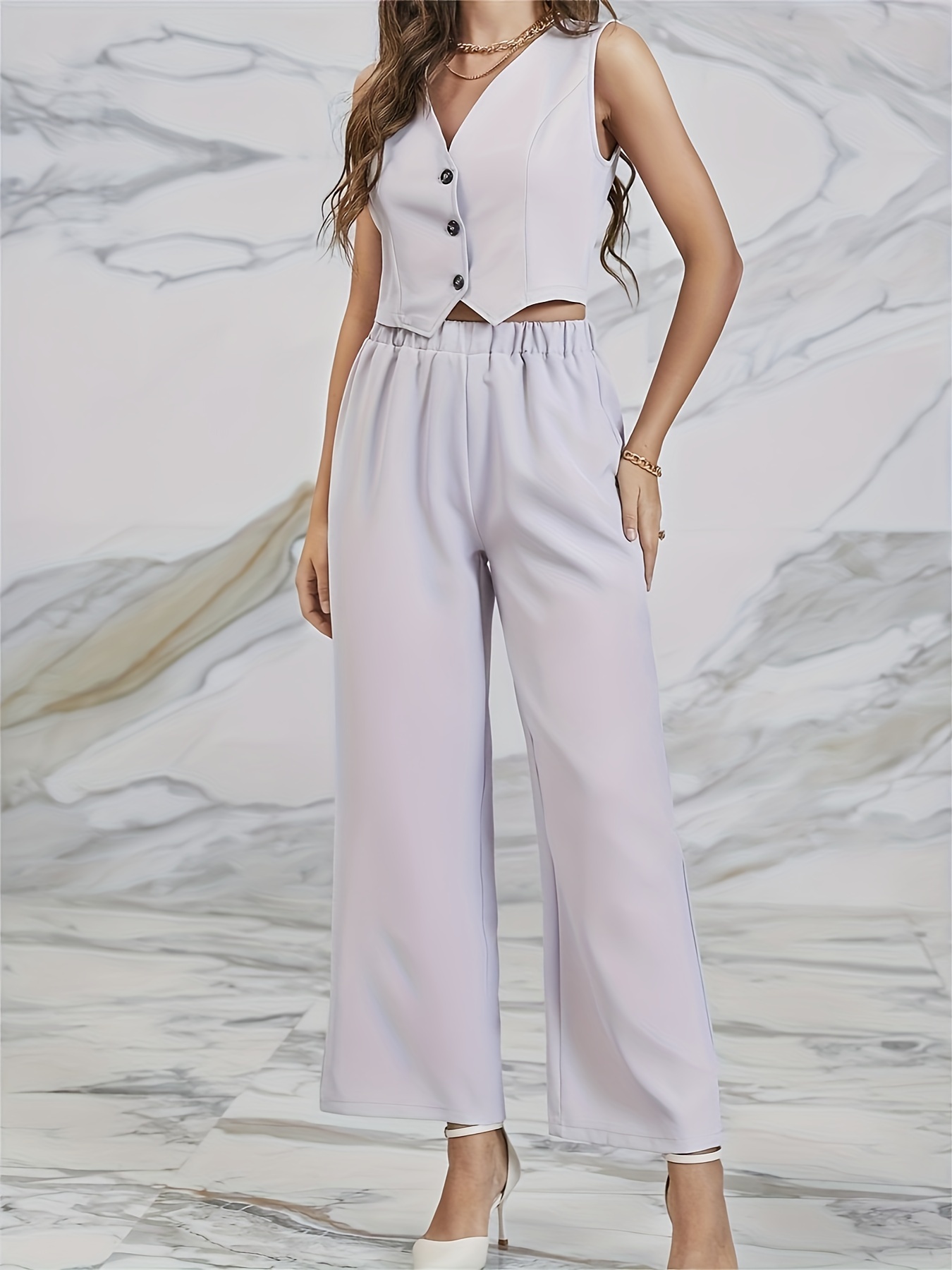Long Length Blazer Sleeveless Vest Wide Leg Pants Outfit