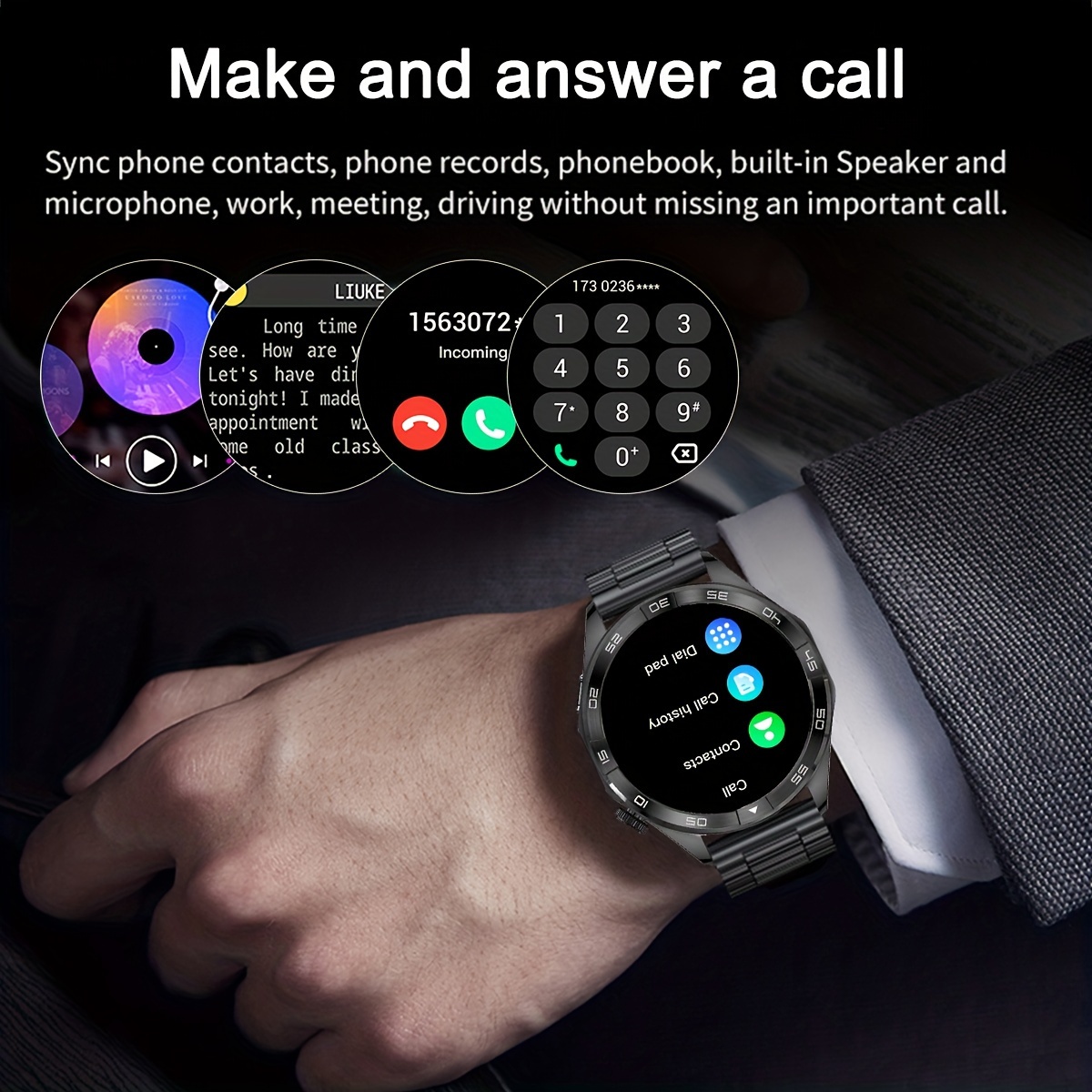men smartwatch wireless call make answer reject calls wireless dialing digital dialing high definition full touch screen steel watch strap faux leather watch strap sports smartwatch mens gift