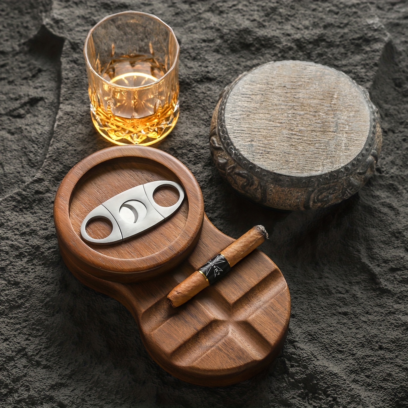 Cigar Ashtray Coaster Whiskey Glass Tray & Wooden Ash Tray with