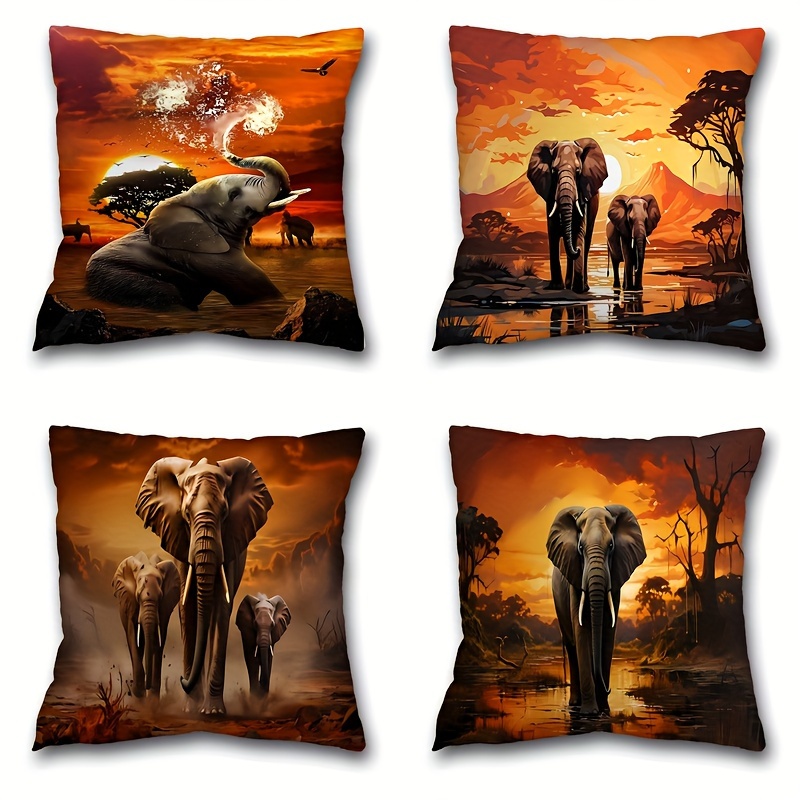 

4pcs, Jungle Elephant Style Polyester Cushion Cover, Pillow Cover, Room Decor, Bedroom Decor, Sofa Decor, Collectible Buildings Accessories (cushion Is Not Included)
