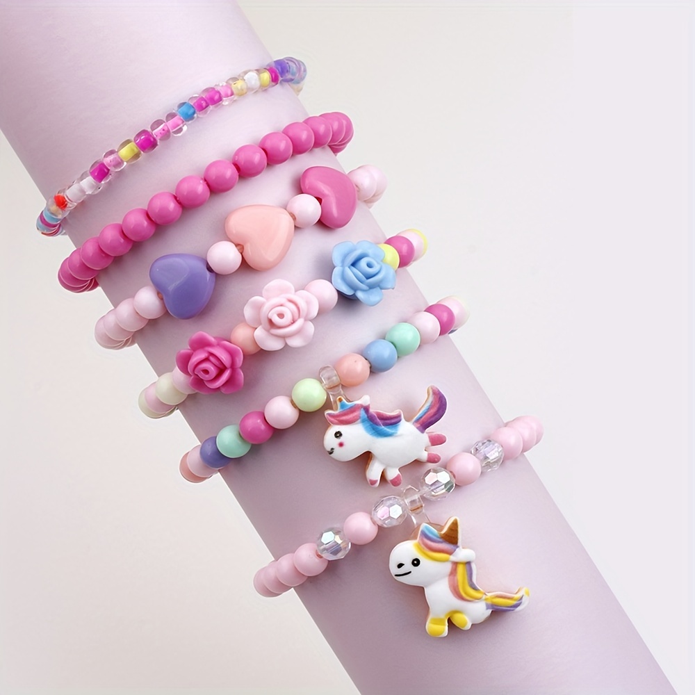 

6pcs Girl's Cute Unicorn Flower Heart Pendant Multicolor Beaded Bangle Bracelet Set, Color Random, Ideal Choice For Gifts