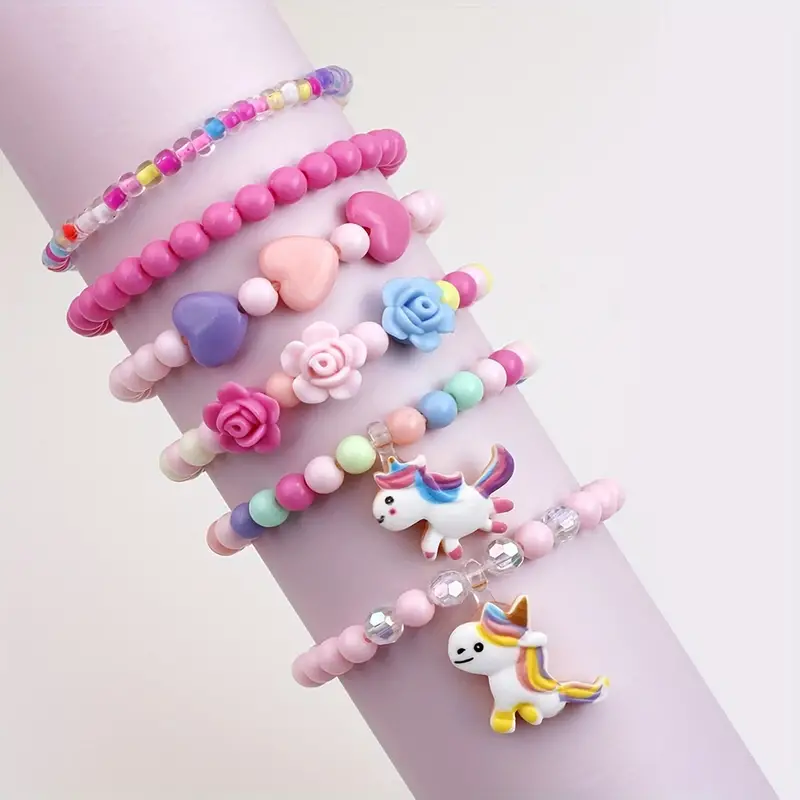 6pcs Girl's Cute Unicorn Flower Heart Pendant Multicolor Beaded Bangle Bracelet Set, Color Random,Temu