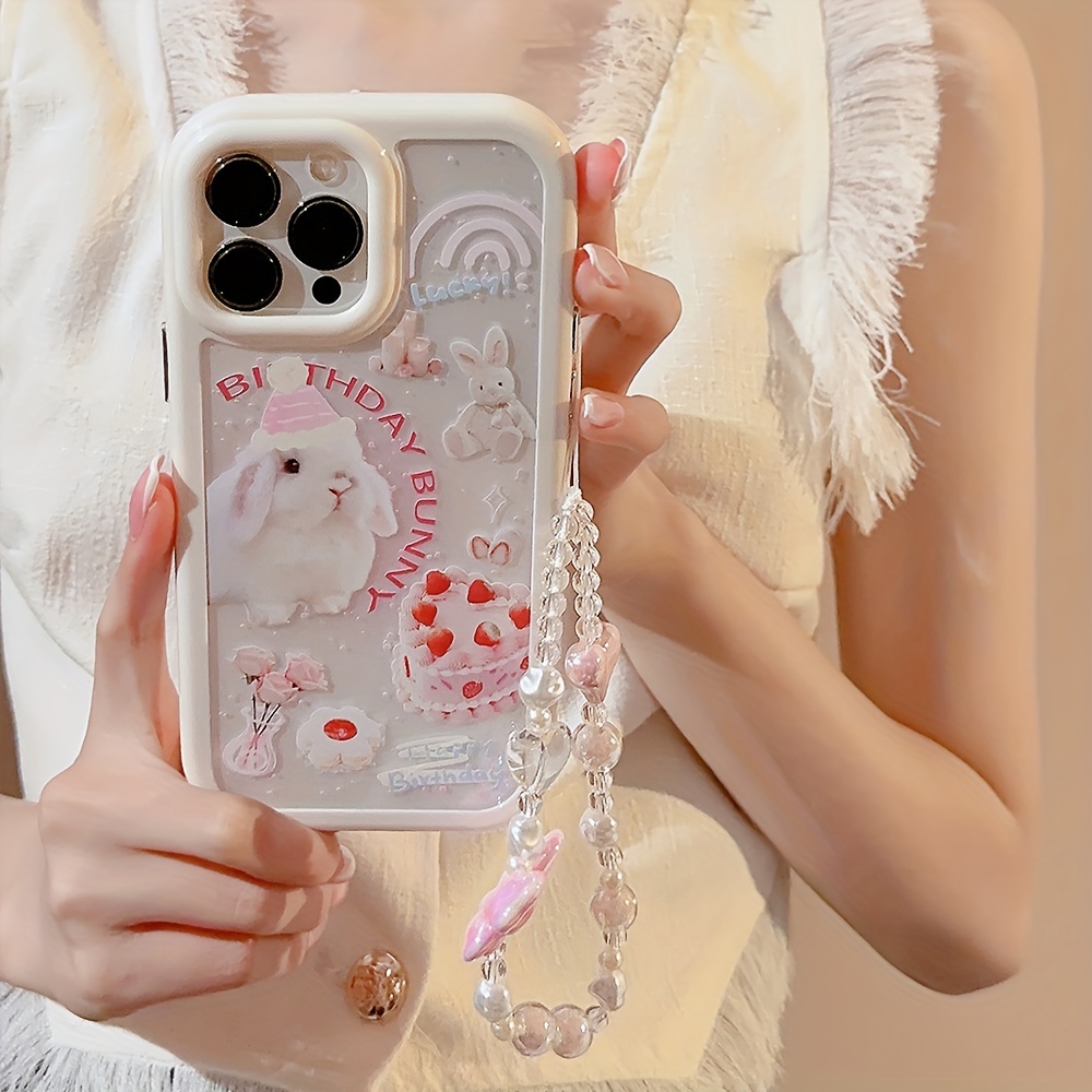 

Cream Acrylic White Edge Powder Hat Rabbit + Powder Butterfly Love Rope Phone Case For 14 13 12 11 Plus Pro Promax