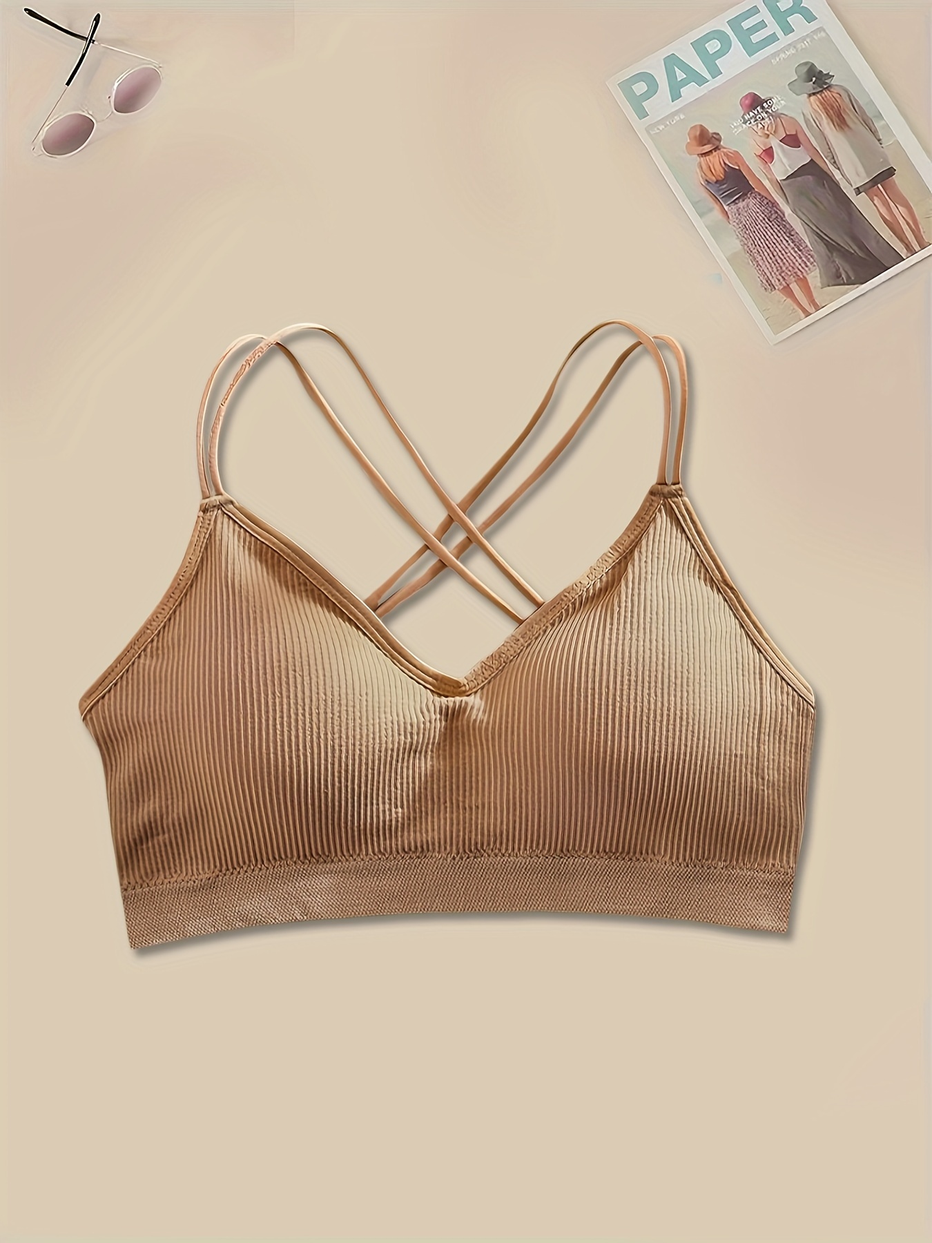Solid Ribbed Wireless Bras Comfy Breathable Criss Cross Back - Temu