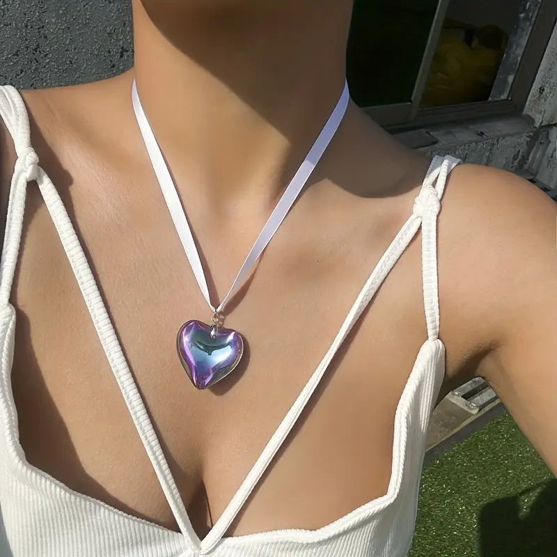 Heart Decor Choker Simple Crystal Heart Ribbon Pendant - Temu