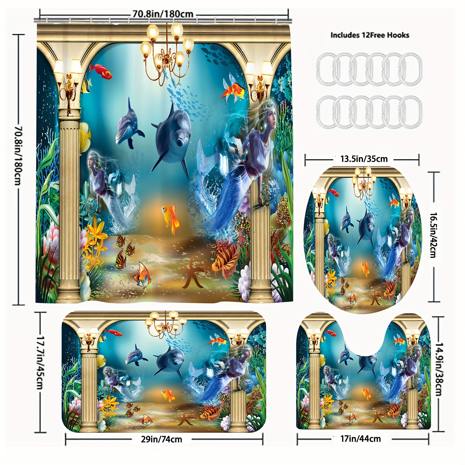 Ocean World Cartoon Mermaid Shower Curtain Mats Waterproof - Temu