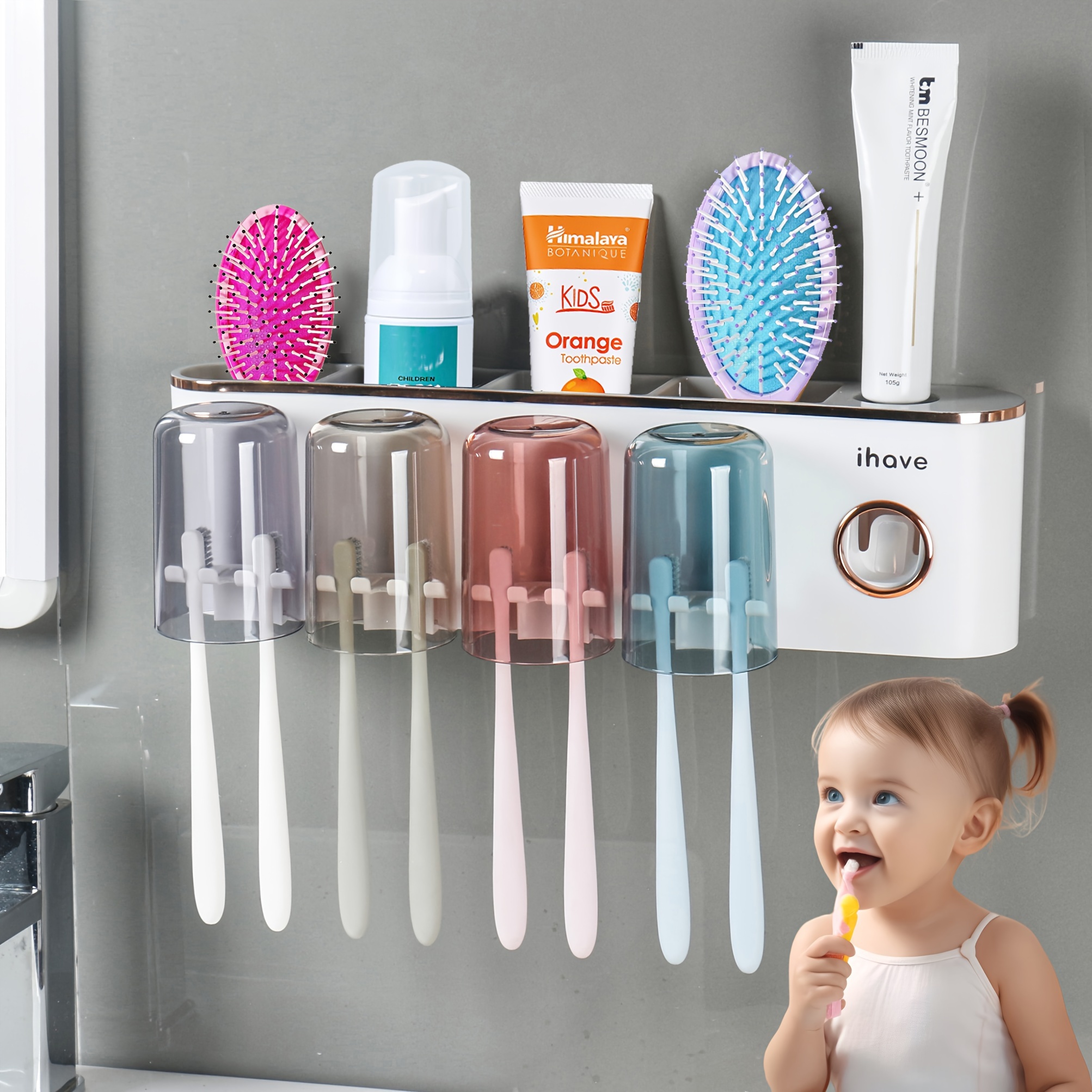  iHave Soporte para cepillos de dientes para baños y exprimidor  de pasta de dientes, 1 taza soporte para cepillo de dientes montado en la  pared, soporte para cepillo de dientes colgante
