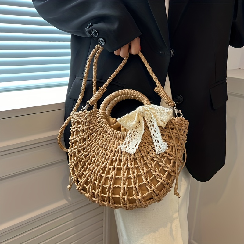 Bow Decor Straw Bag, Summer Beach Handbag, Women's Rattan Woven