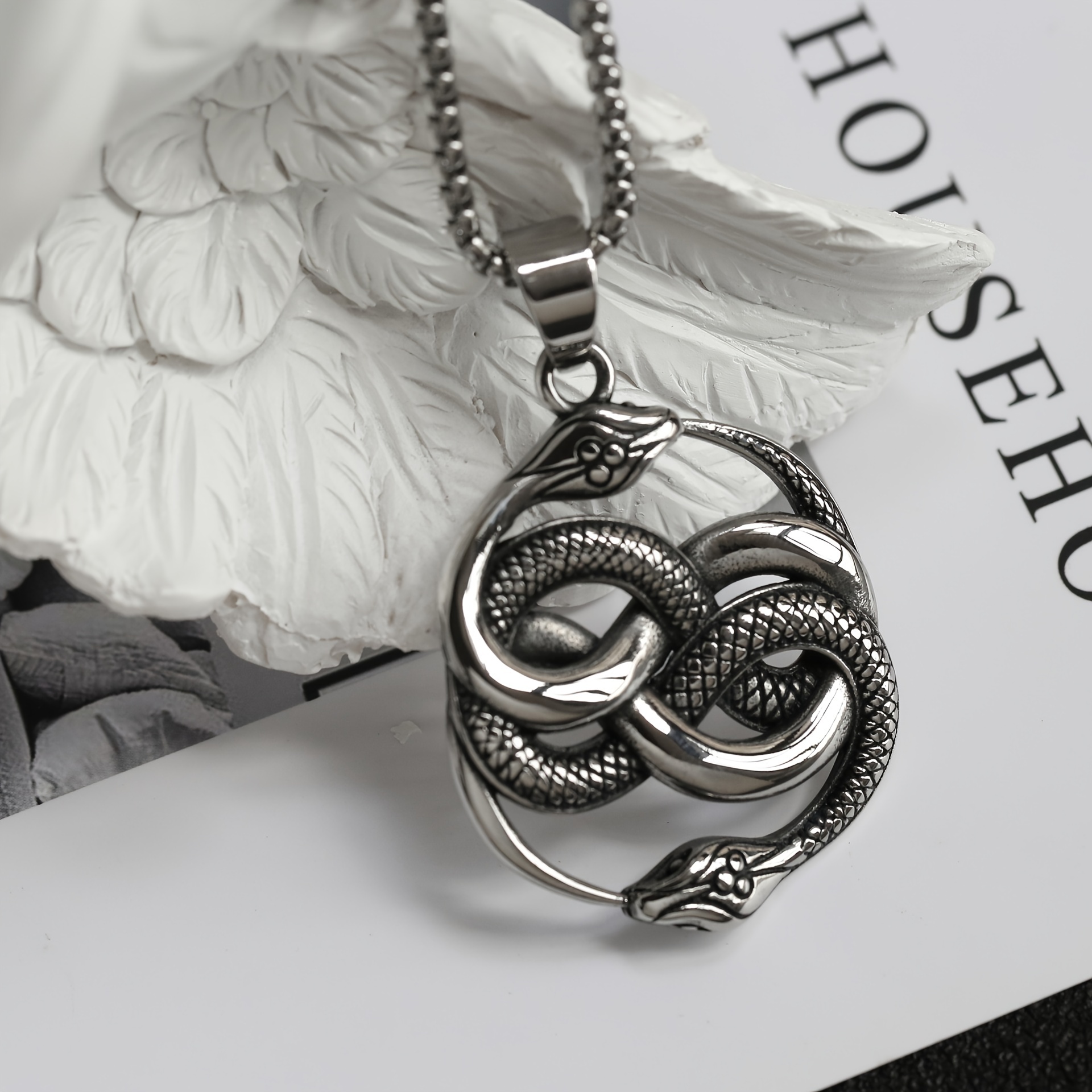 Vintage Silver Double Snake Pendant Necklace for Men