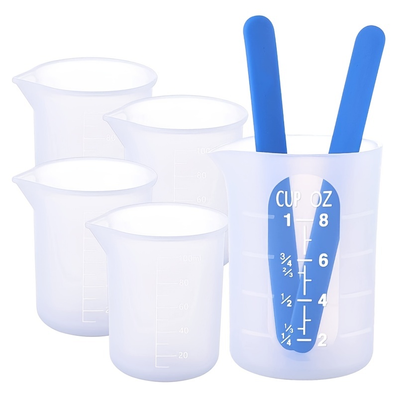 OFZVEO 4 Pcs Silicone Resin Measuring Cups 600ml & 250ml & 2*100 ml  Silicone Measuring Cup for Epoxy Resin with 1 Pcs Silicone Stir Stick for  Resin