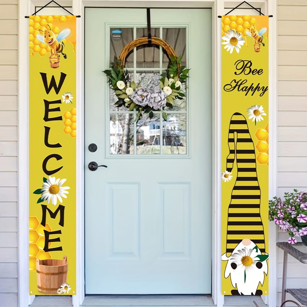 

2pcs, Welcome Bee Happy Front Door Porch Sign, Polyester Spring Gnome Background Patio Outdoor Indoor Party Decoration Hanging Banner 11.8x70.8 Inch