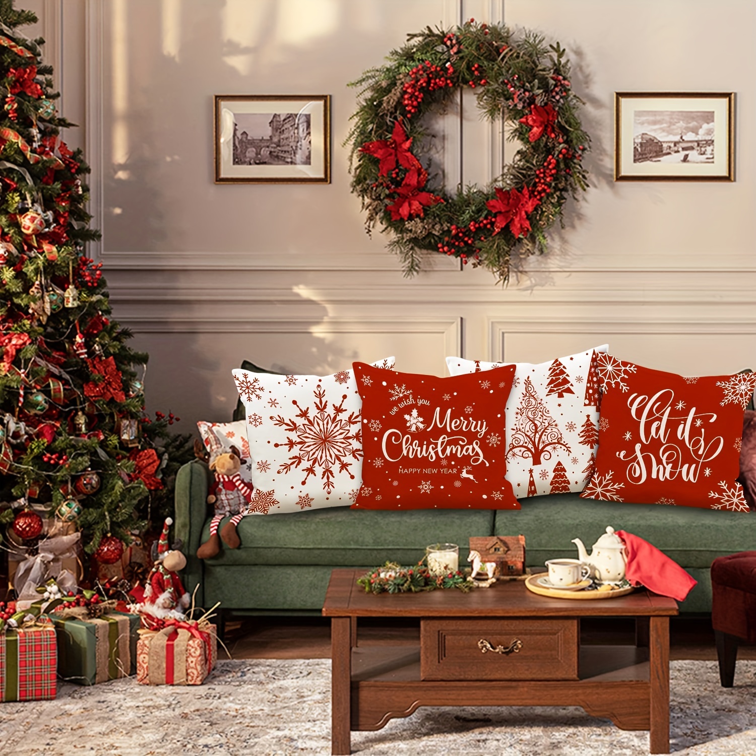 Christmas Pillow Covers 18x18 Set of 2 Red Christmas Decorations Indoor  Home Decor Farmhouse Decorative Throw Pillows for Living Room Xmas Wreath  Deer Winter Holiday Outdoor Sofa Couch Bedroom