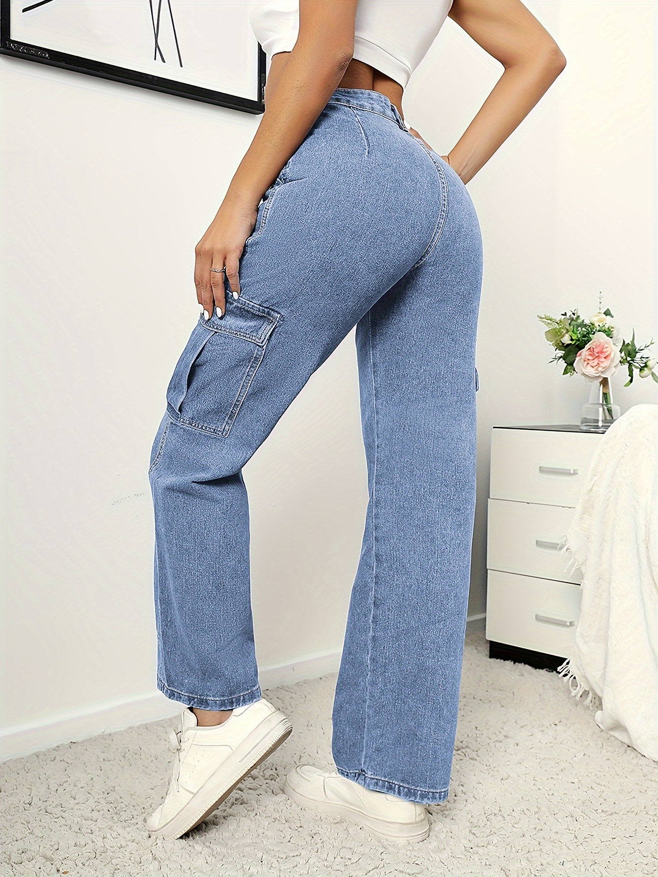 High Waist Flap Pockets Straight Legs Cargo Jeans, Casual Plicated Hem  Denim Long Trousers, Y2K Kpop Vintage Style, Women's Denim Jeans & Clothing