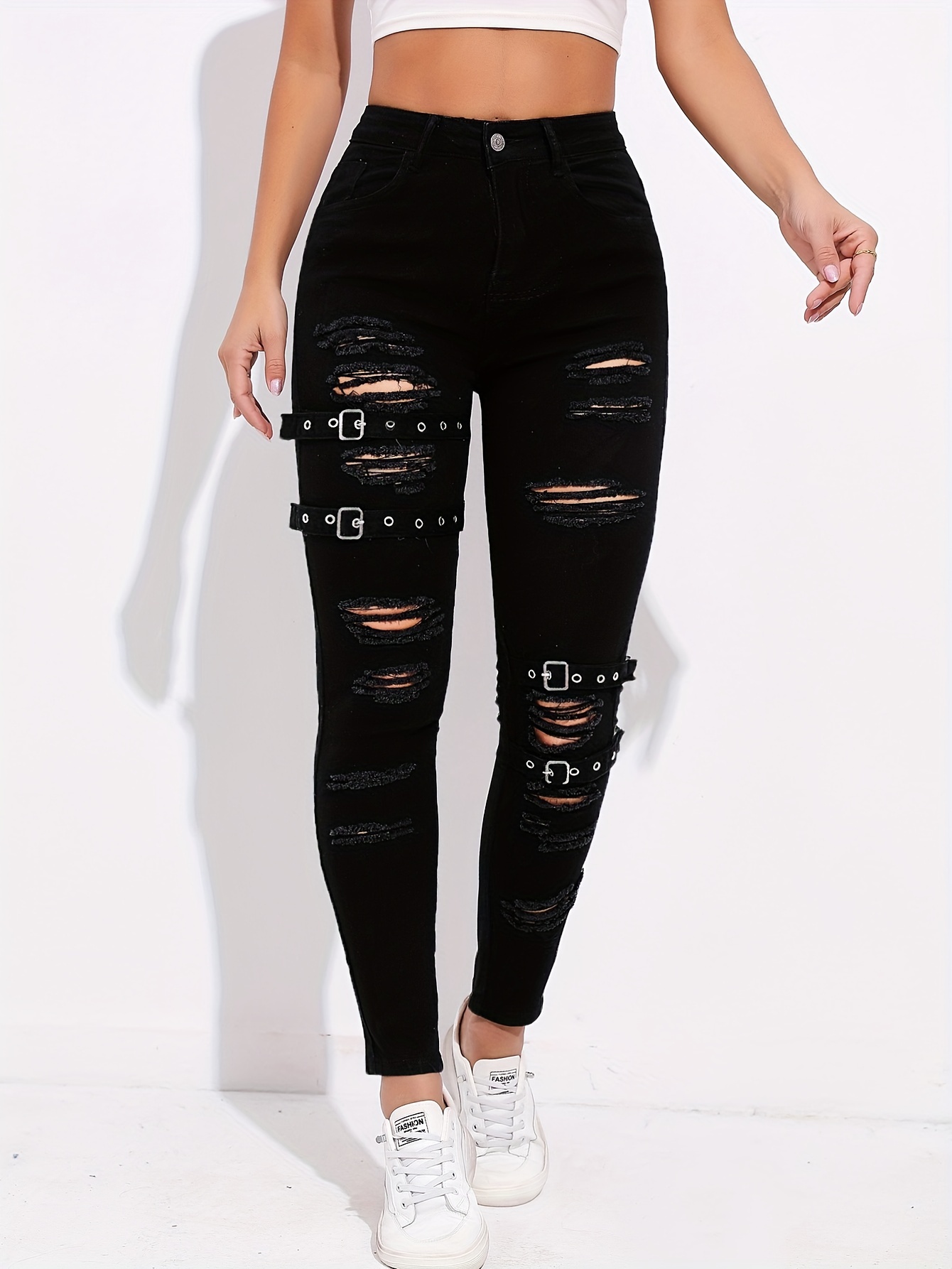 Women's Black Ripped Skinny Jeans, Ripped Holes Skinny Jeans, Girl's Y2K  Style Jeans