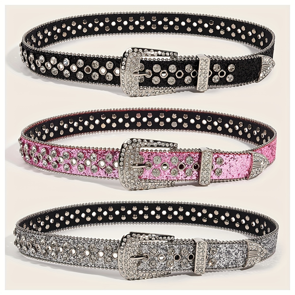 Rhinestone Decor Belt Shiny Luxury Hip-hop Western Style Colorful Belt Women Wide Buckle Belt for Jeans,Temu