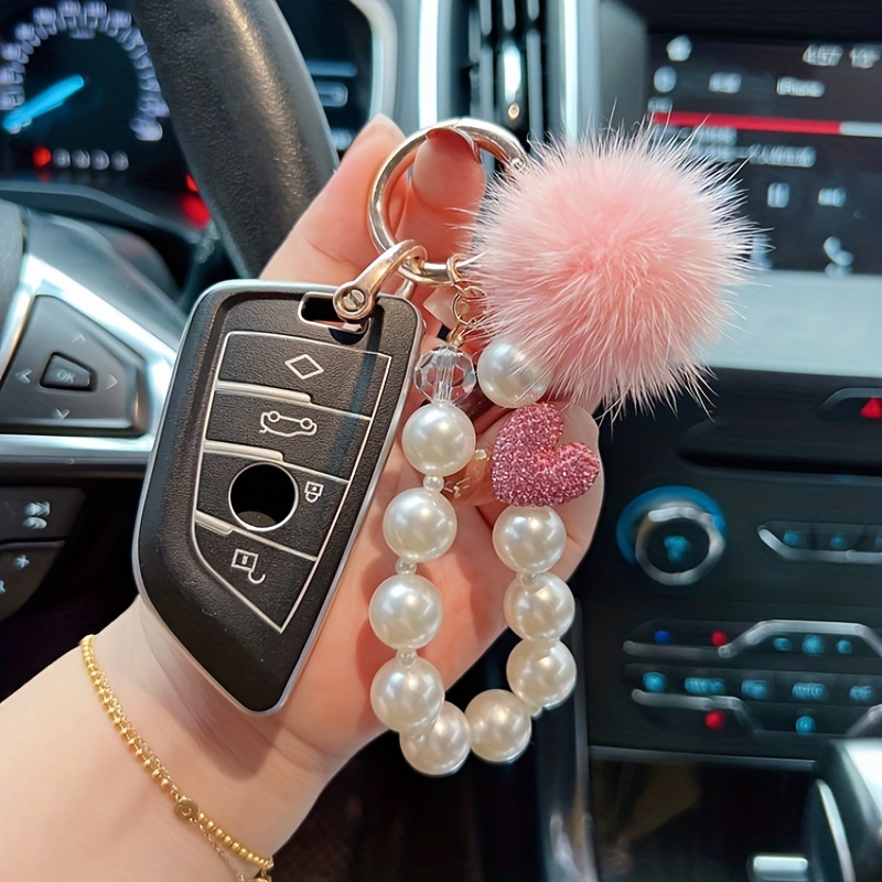 Creative Diy Pearl String Mink Hairball Inlaid With Love Rhinester Car Key  Chain Bag Pendant Accessory Pearl Bracelet Home Key Chain Women's Gift -  Temu Mexico