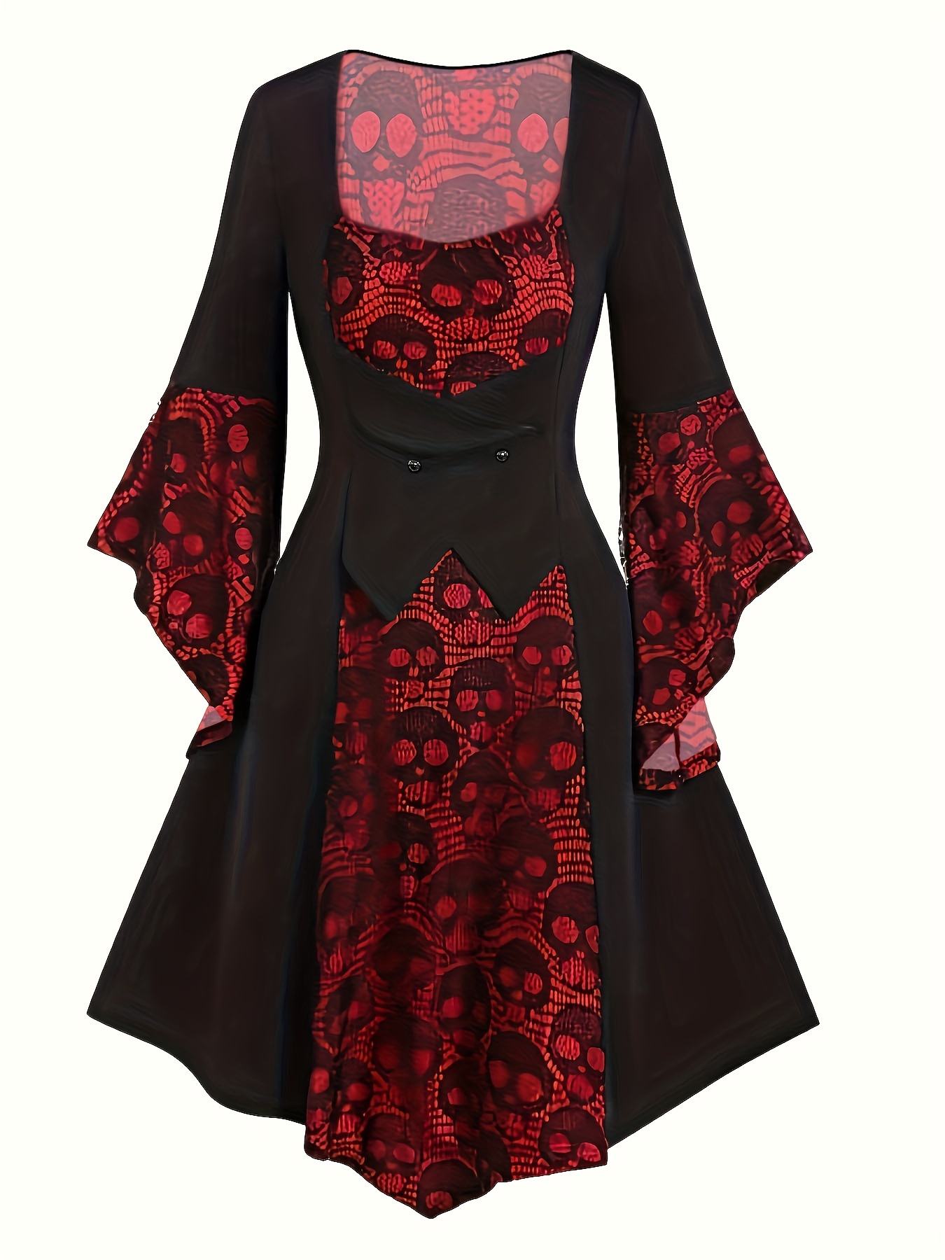 Plus Size Goth Dress, Women's Plus Bat & Butterfly Print Twist Front Bell  Sleeve V Neck A-line Knee Length Dress