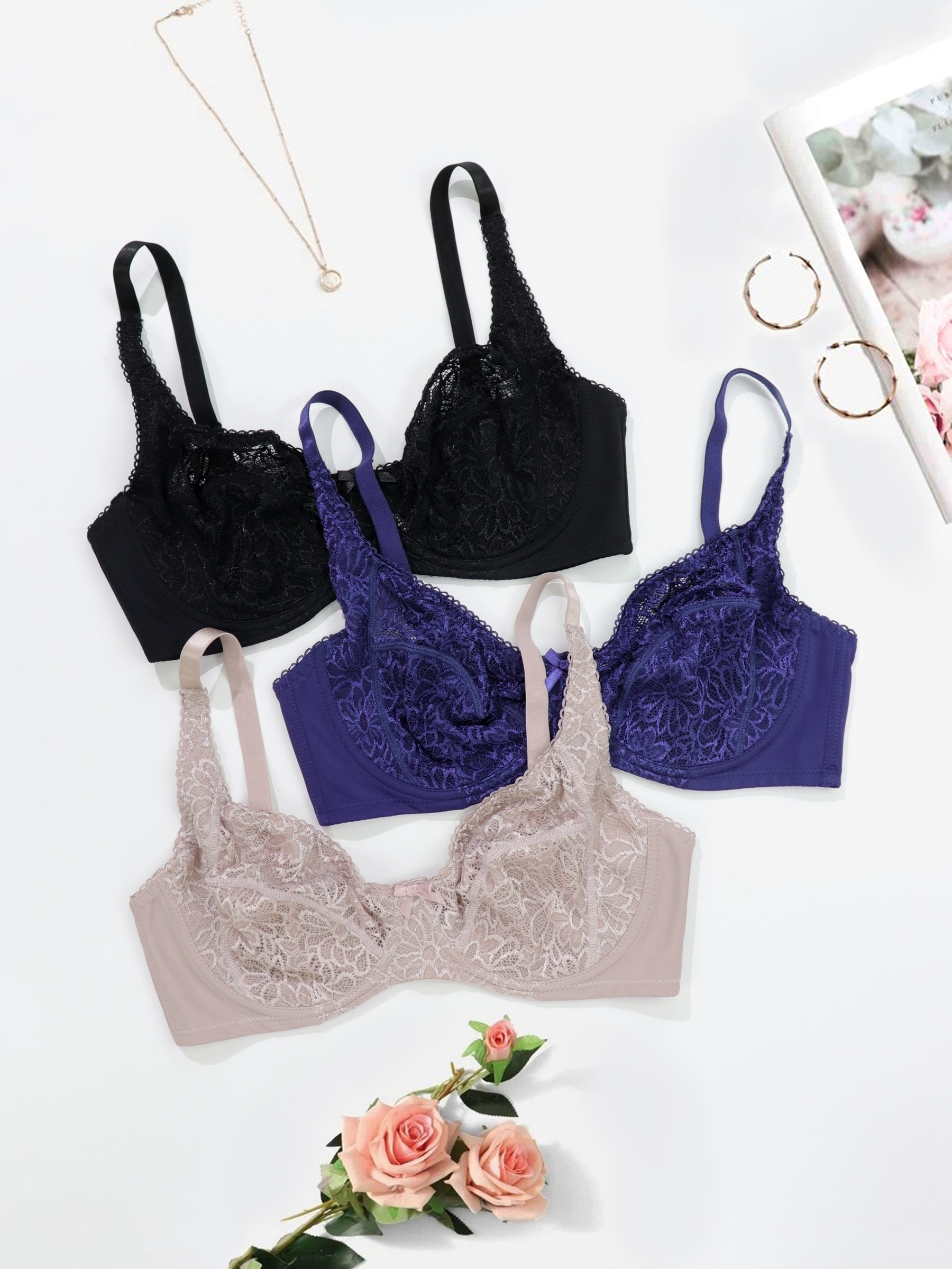 Contrast Lace Unlined Bra Lightweight Breathable Everyday - Temu