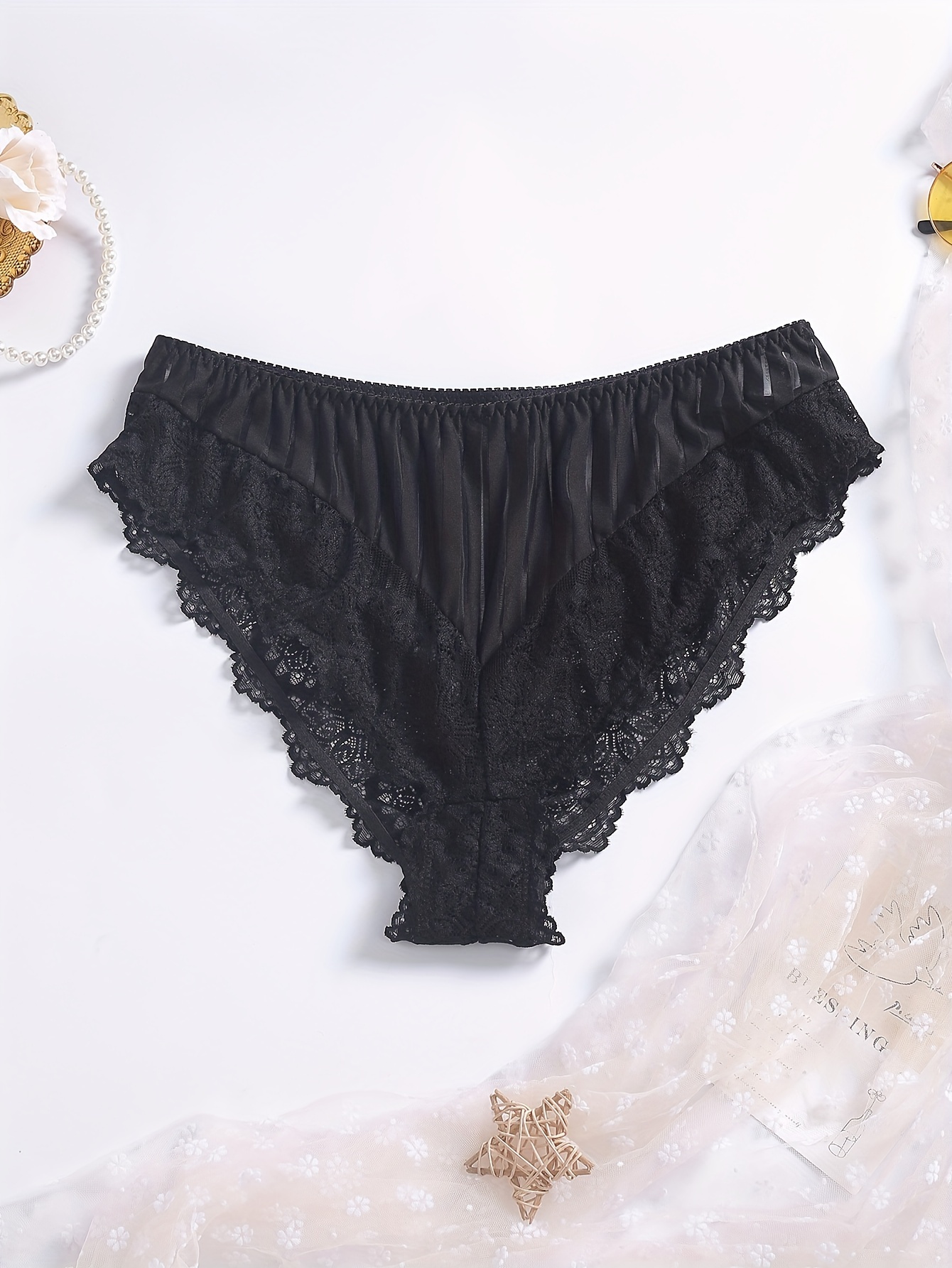 Plus Size Elegant Panty, Women's Plus Solid Contrast Lace Striped Wide Band  Comfortable Stretchy Brief