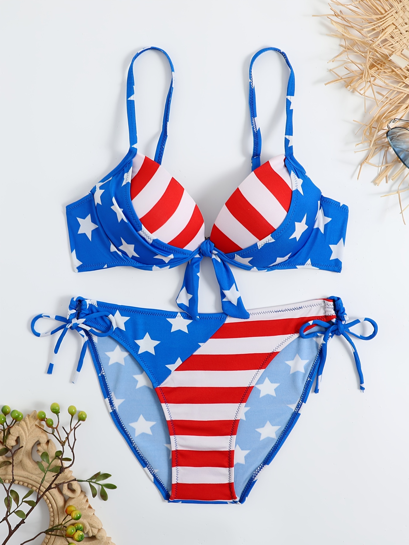 American Flags Pattern Underwire Push Knot Front Drawstring - Temu
