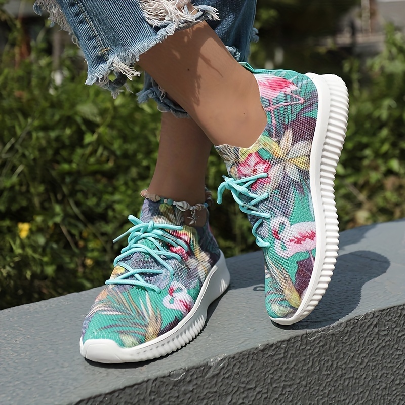 Women's Floral Print Sock Sneakers, Breathable Knit Lace Up