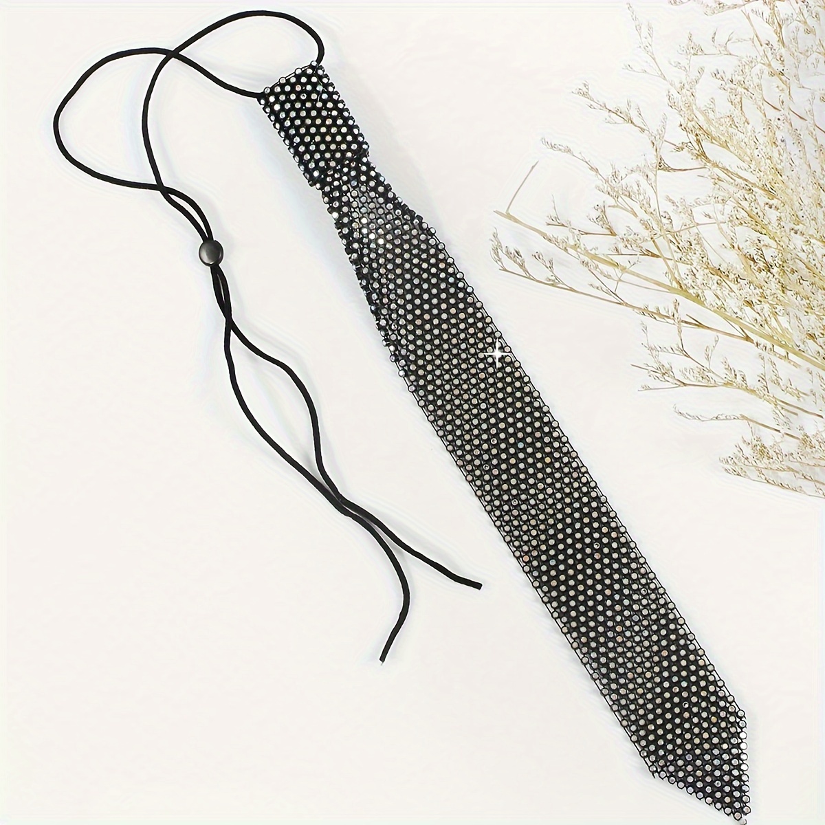 Stylish Long Rhinestone Necklace Black Tie Necklace - Temu