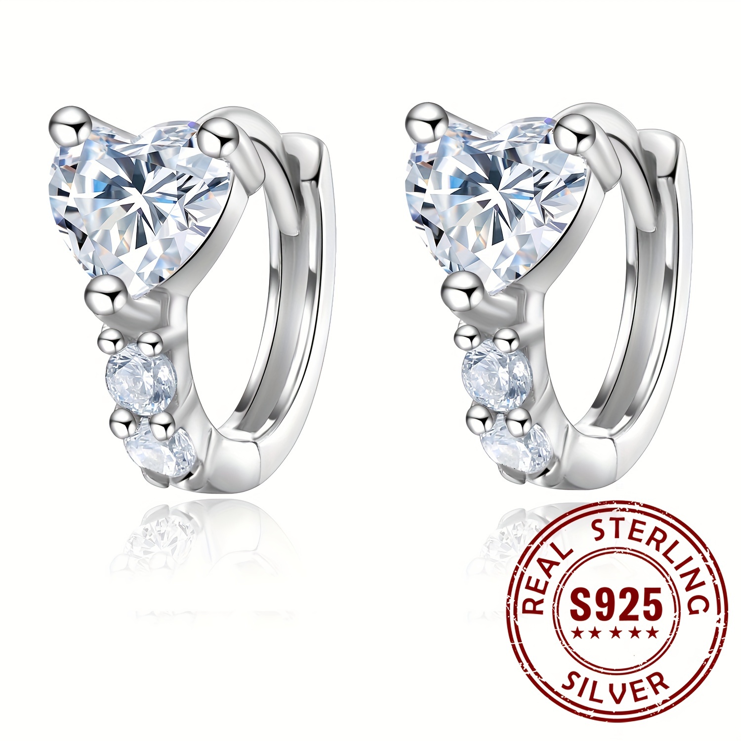 

925 Sterling Silver Hoop Earrings Embellished With Heart Shaped Zircon & Round Zircon Elegant Luxury Style Dating Gifts