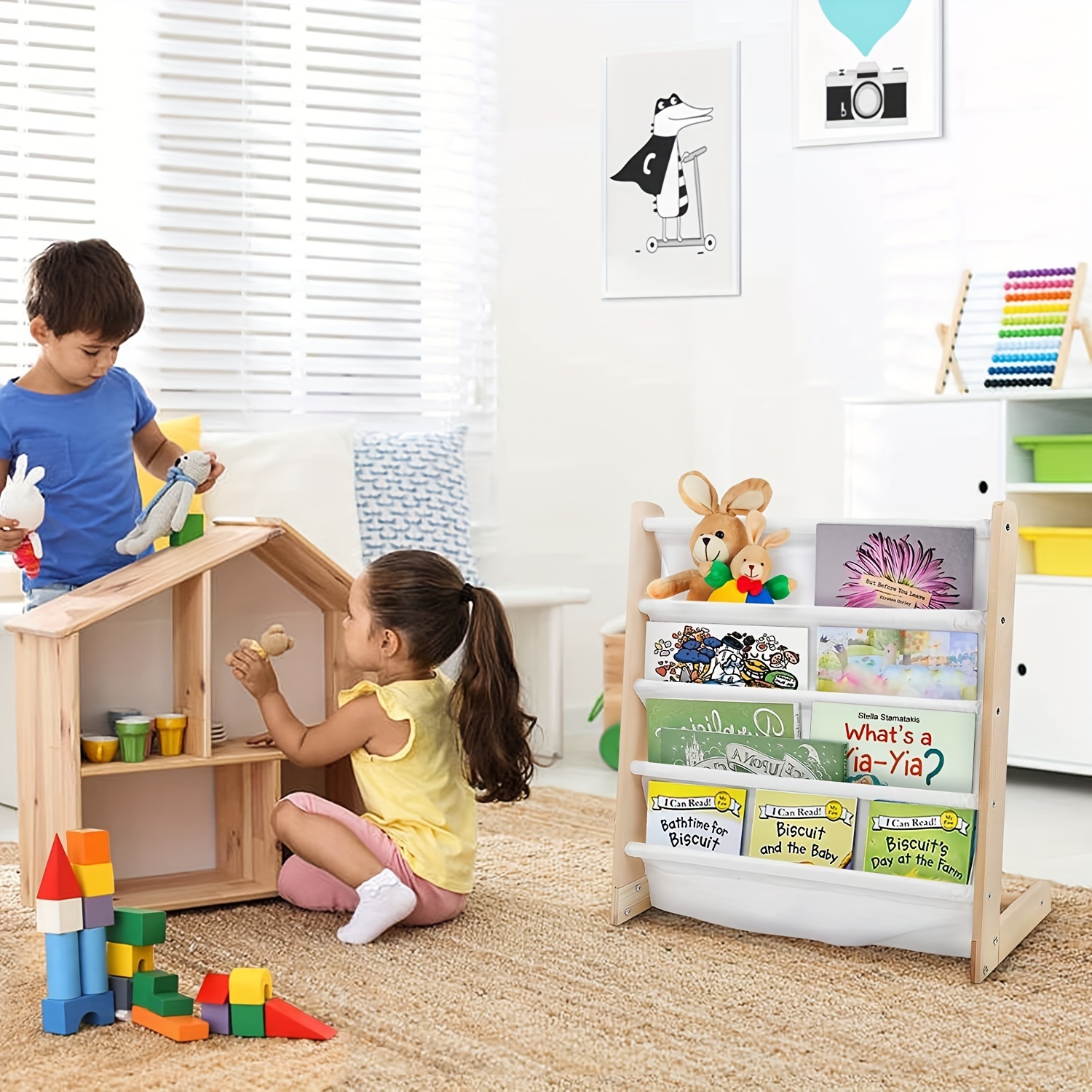 Toddler Book Shelf Organizer - Wooden Kids Book Case Storage