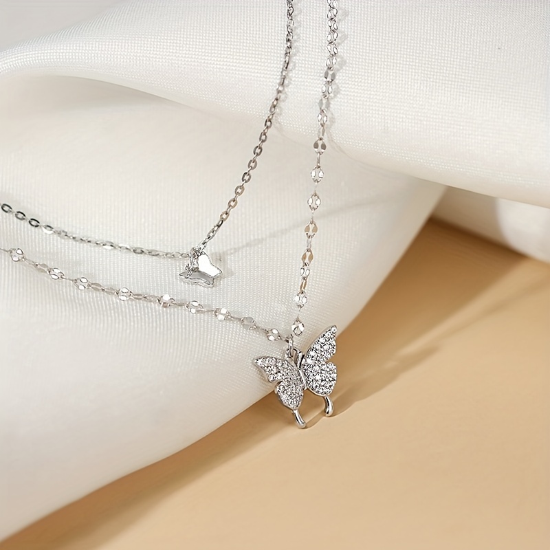 double layer butterfly pendant necklace sparkling clavicle chain y2k jewelry for girls ideal choice for gifts 1