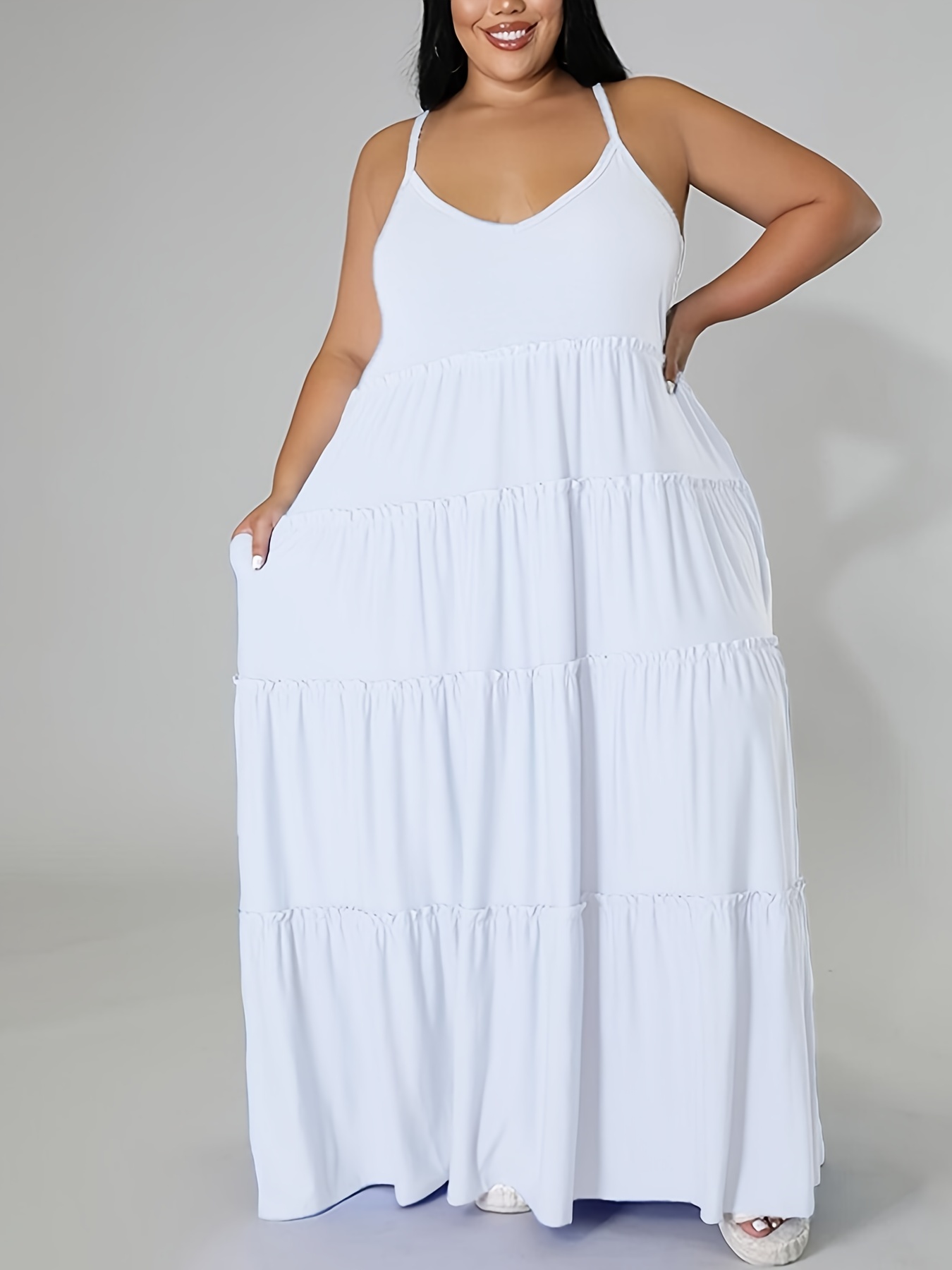Plus Size Solid Layered Loose Fit Cami Maxi Dress Women's - Temu
