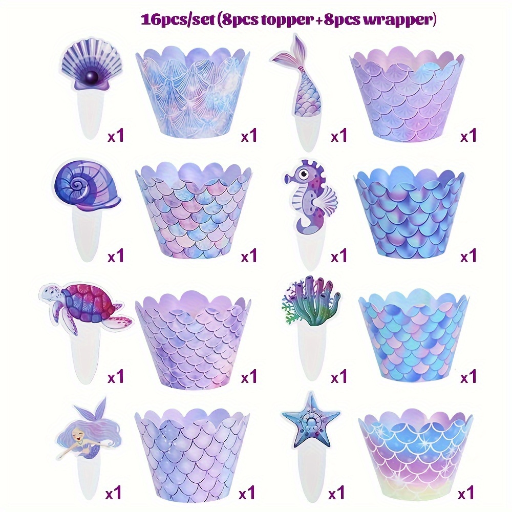 E-shop 16 Stück (8 Sets) Meerjungfrau-Cupcake-Toppers und -Beutel, mit kreativen Meeresdesigns wie Muscheln und Schildkröten, zum Dekorieren von Kuchen