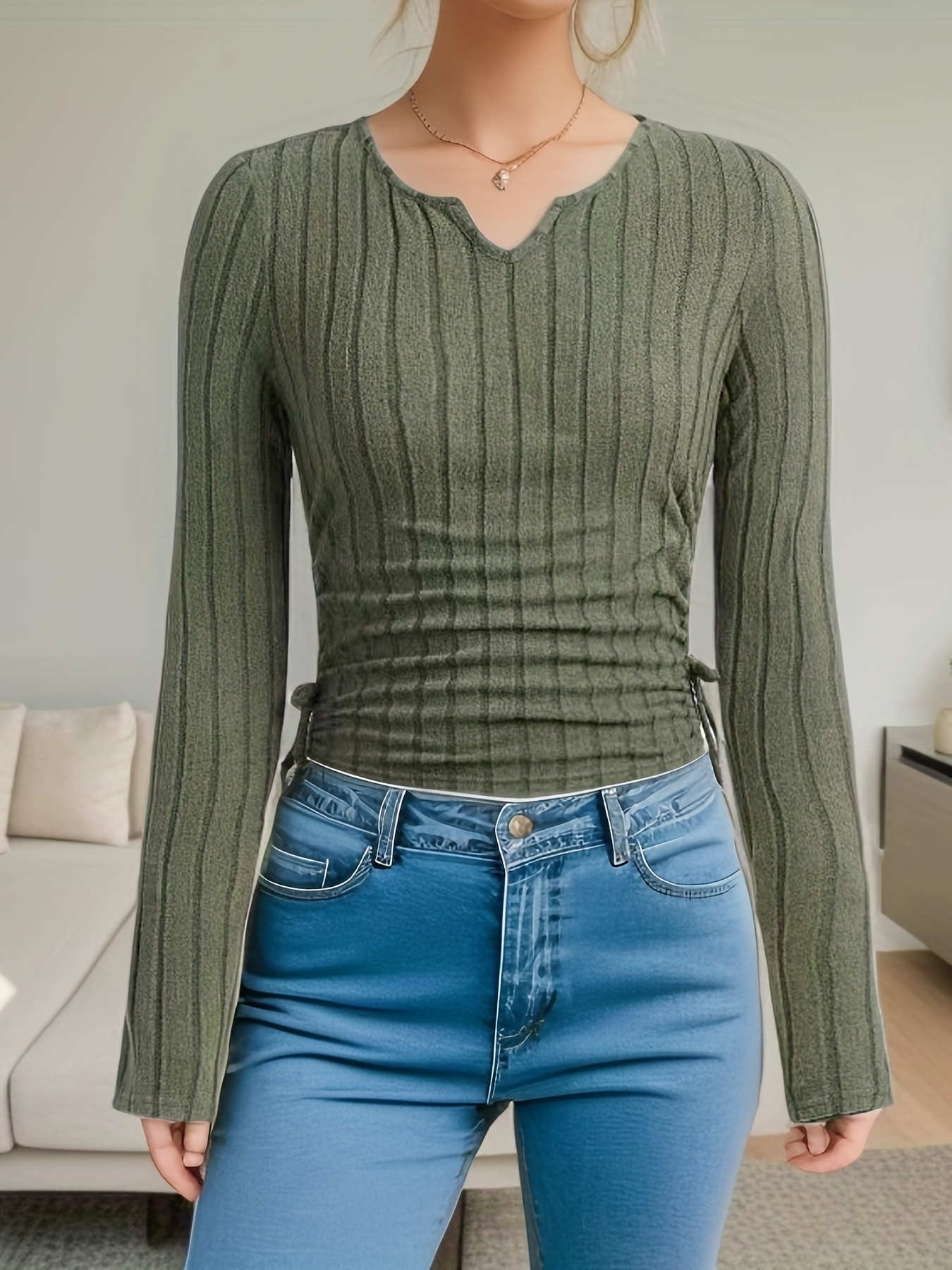 teen girls stylish side ruched notch v neck basic knit top slim long sleeve t shirt for spring autumn winter fashion gift
