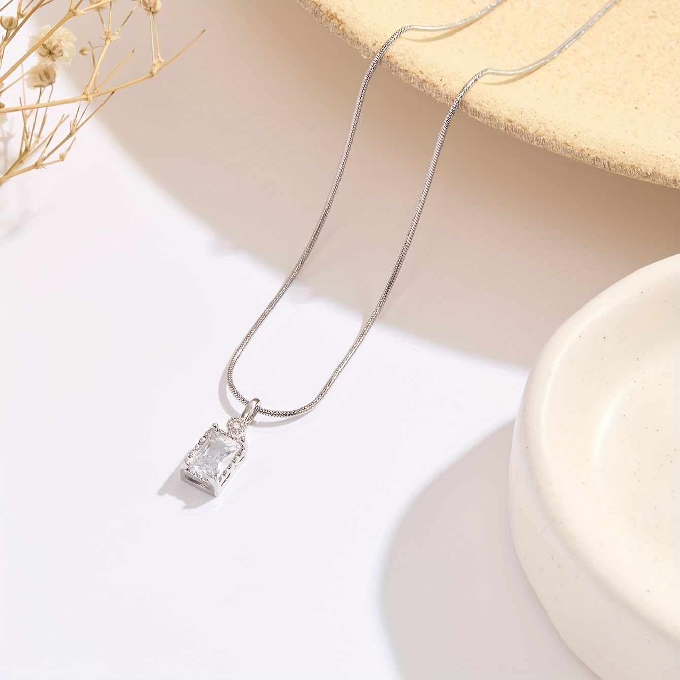 Square Shaped Cubic Zirconia Necklace Minimalist Pendant Clavicle Chain  Stainless Steel Round Snake Bone Chain