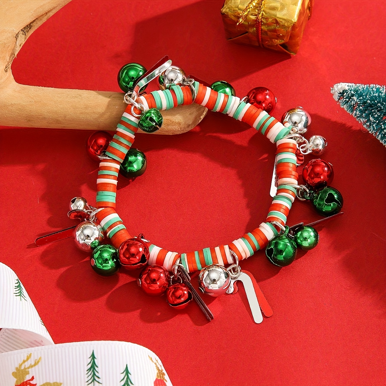 Santa Claus Pendant Beaded Bracelet Set Red Green Soft Clay - Temu