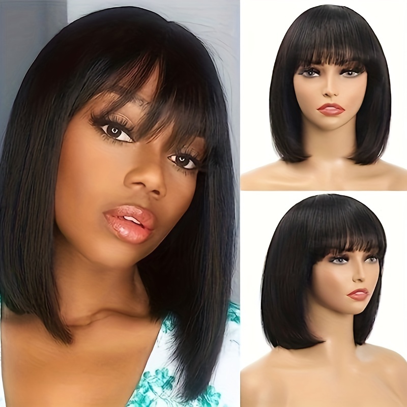 180 density straight bob wig with bangs for women natural human hair lace front wig with machine made construction details 1