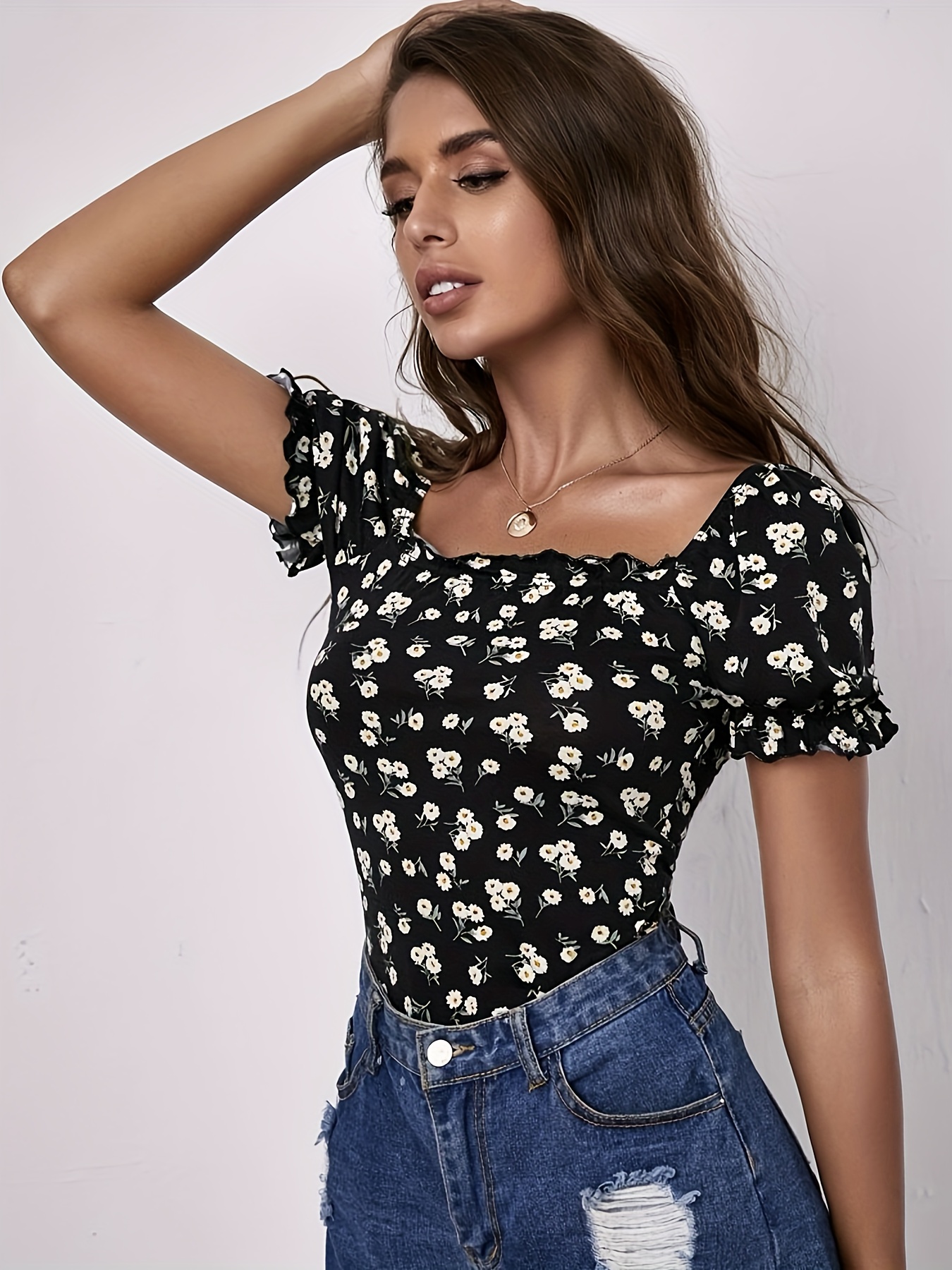 Floral Print Square Neck Bodysuit Casual Short Sleeve Summer - Temu Germany