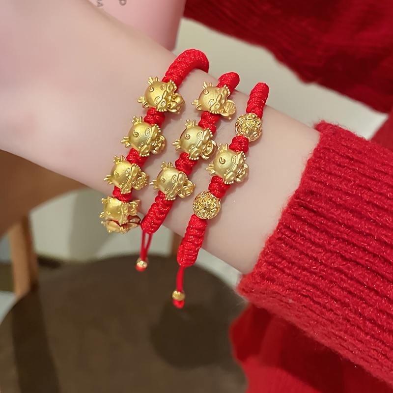 Chinese Style Dragon Beads Red Rope Braided Bracelet - Temu