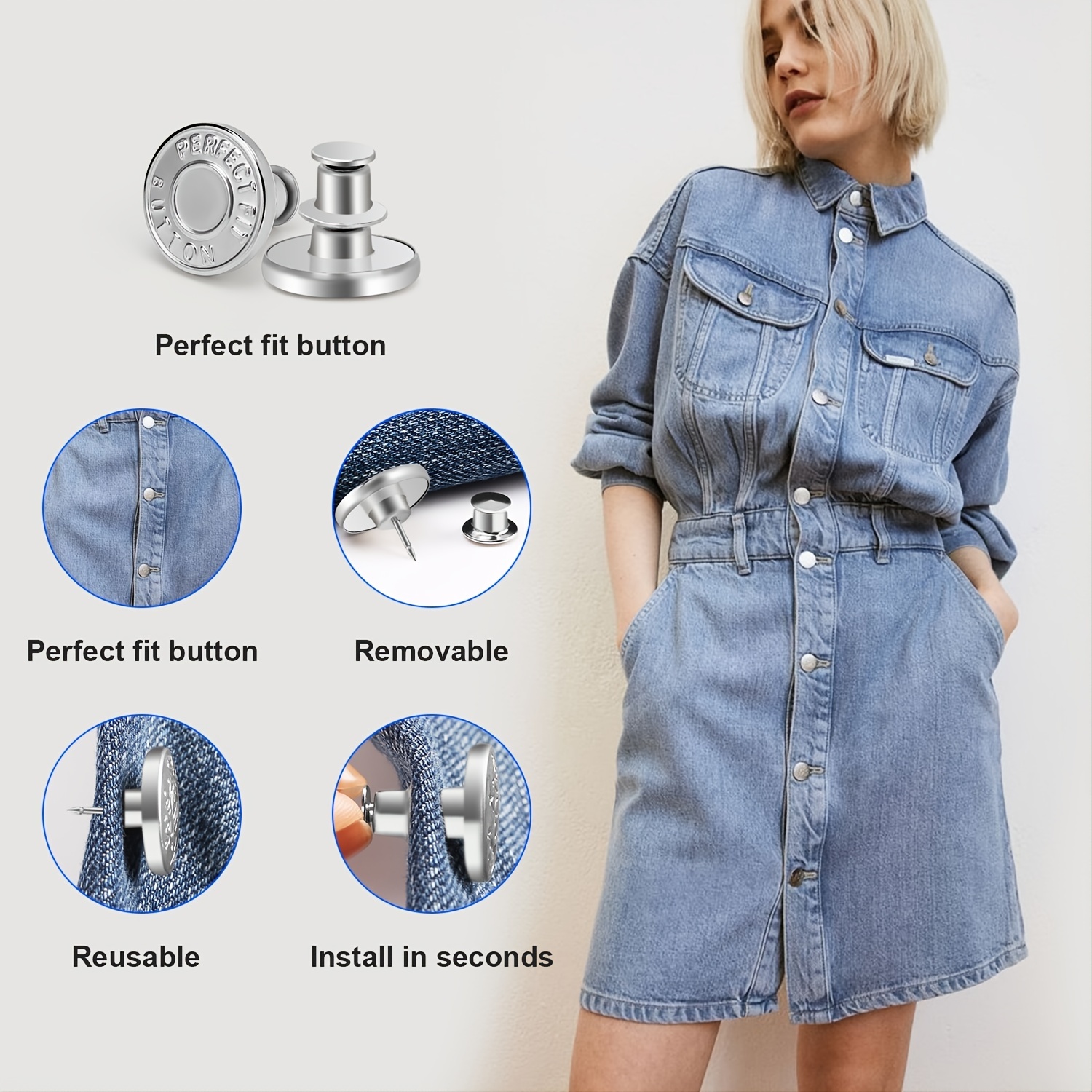 10 Pcs/Set Jean Buttons Pins , No Sew Loose Pants Button Tightener, Ceryvop  Adjustable Buttons for Jeans Too Big Snap Tack