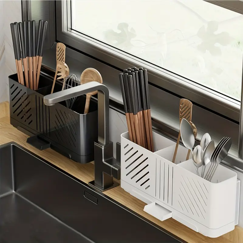 1pc chopsticks cage with knife holder wall mounted utensils draining shelf chopsticks holder tableware storage box for sink countertop home kitchen supplies details 4
