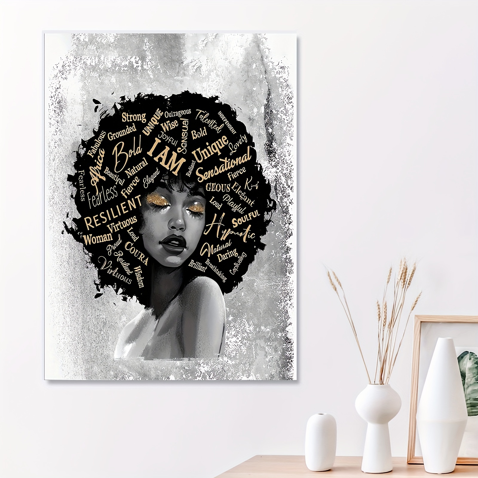 African American Wall Art Black Art Framed Abstract Wall Picture Black Gold  Afro Woman Canvas Print African Artwork For Home Bathroom Bedroom Wall