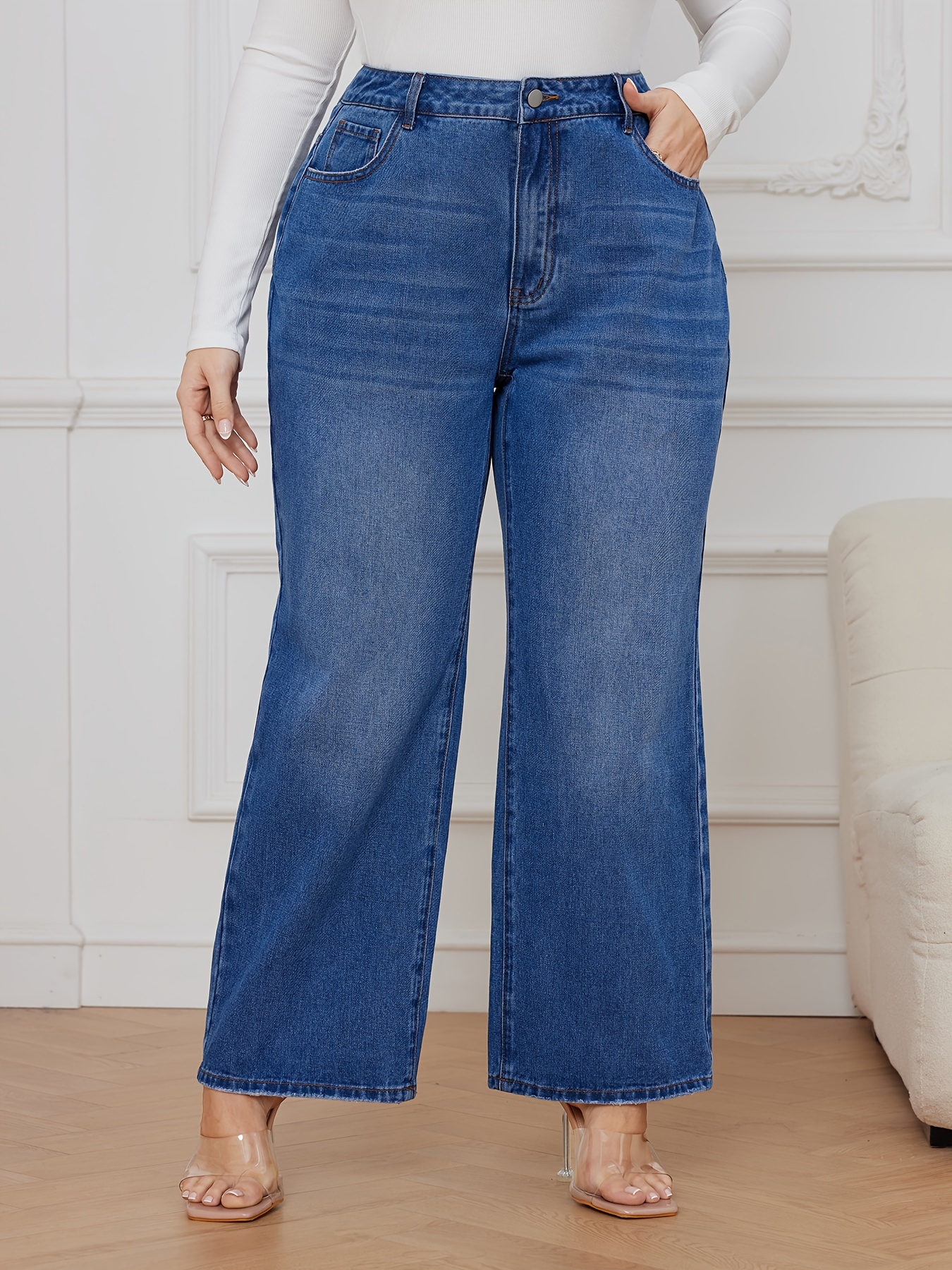 Plus Size Casual Jeans Women's Plus Solid Button Fly High - Temu