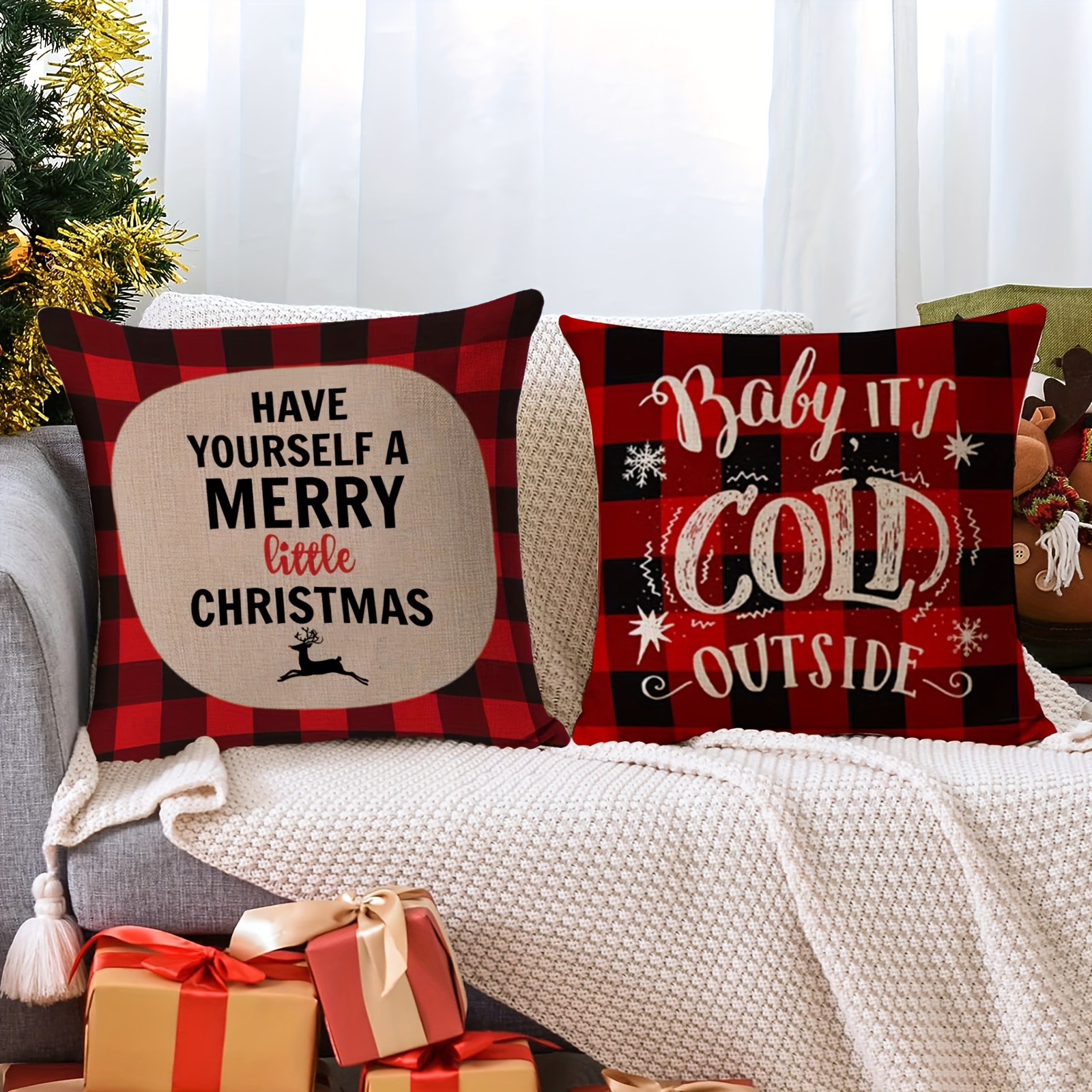 Christmas Throw Pillow Covers - Black Red Plaid Farmhouse Linen