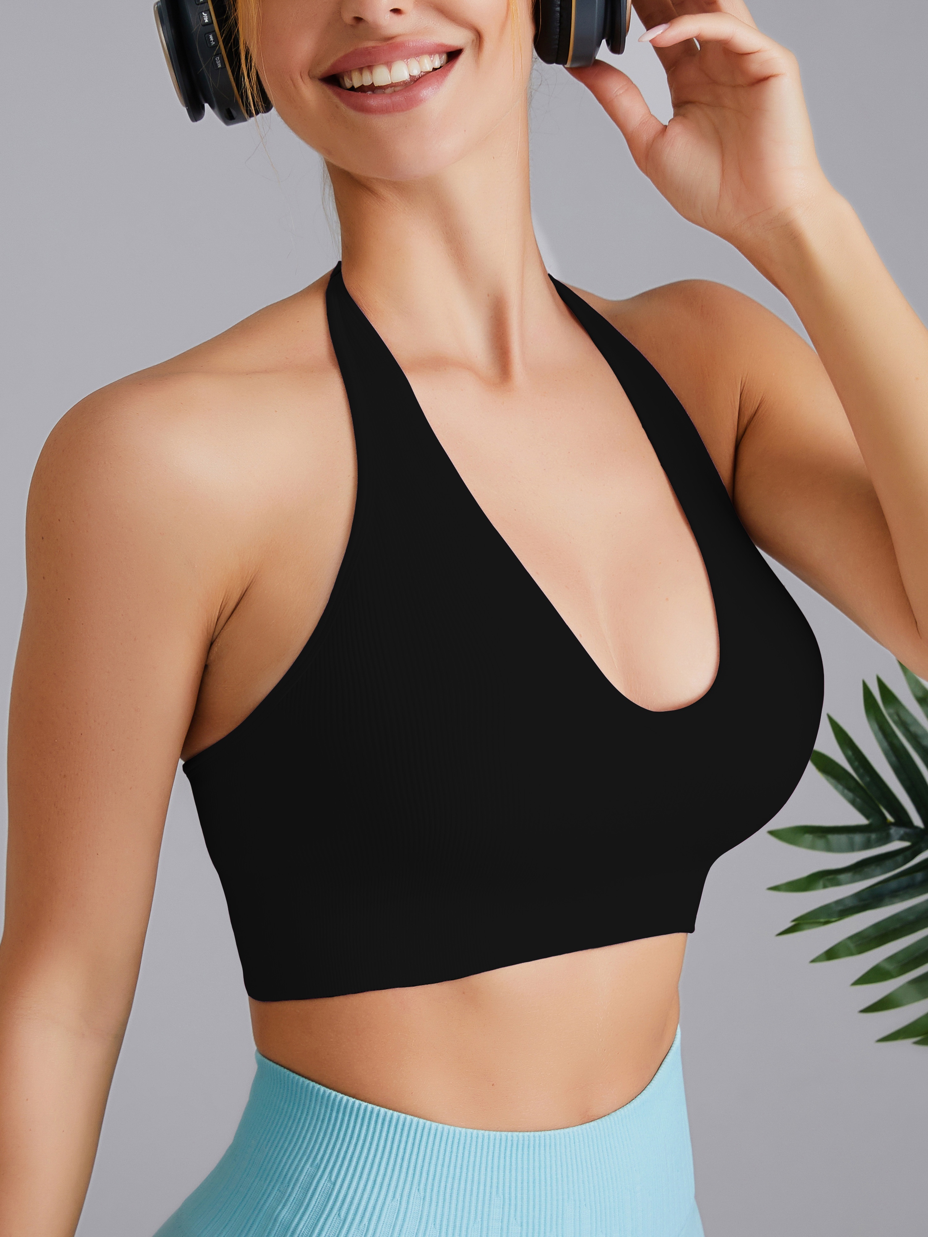 Sexy Deep V Halter Neck Sports Bra Adjustable Beauty Back - Temu