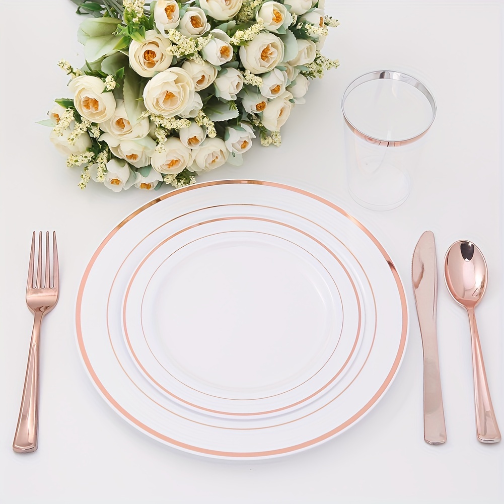  Platos de plástico de lujo de 125 piezas desechables, color  blanco, rosa y dorado con cubiertos, vajilla elegante para bodas, fiestas  de vacaciones, China, juego de 25 platos de cena +