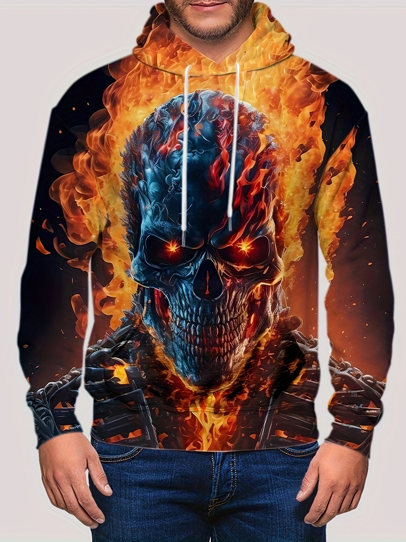 Y2k Skeleton Fire Print Hoodie Cool Hoodies Men Men's Casual