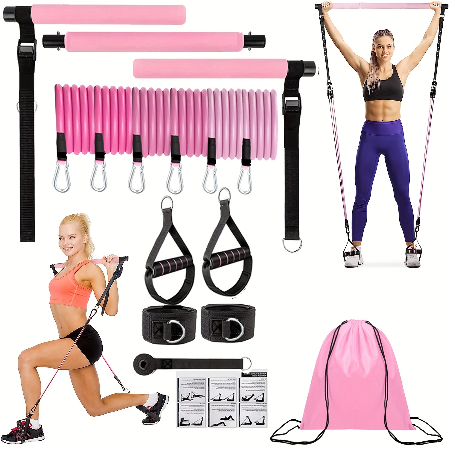 Pilates Bar Kit with 4 Resistance Bands, 3 Section Adjustable Yoga Pilates  Stick