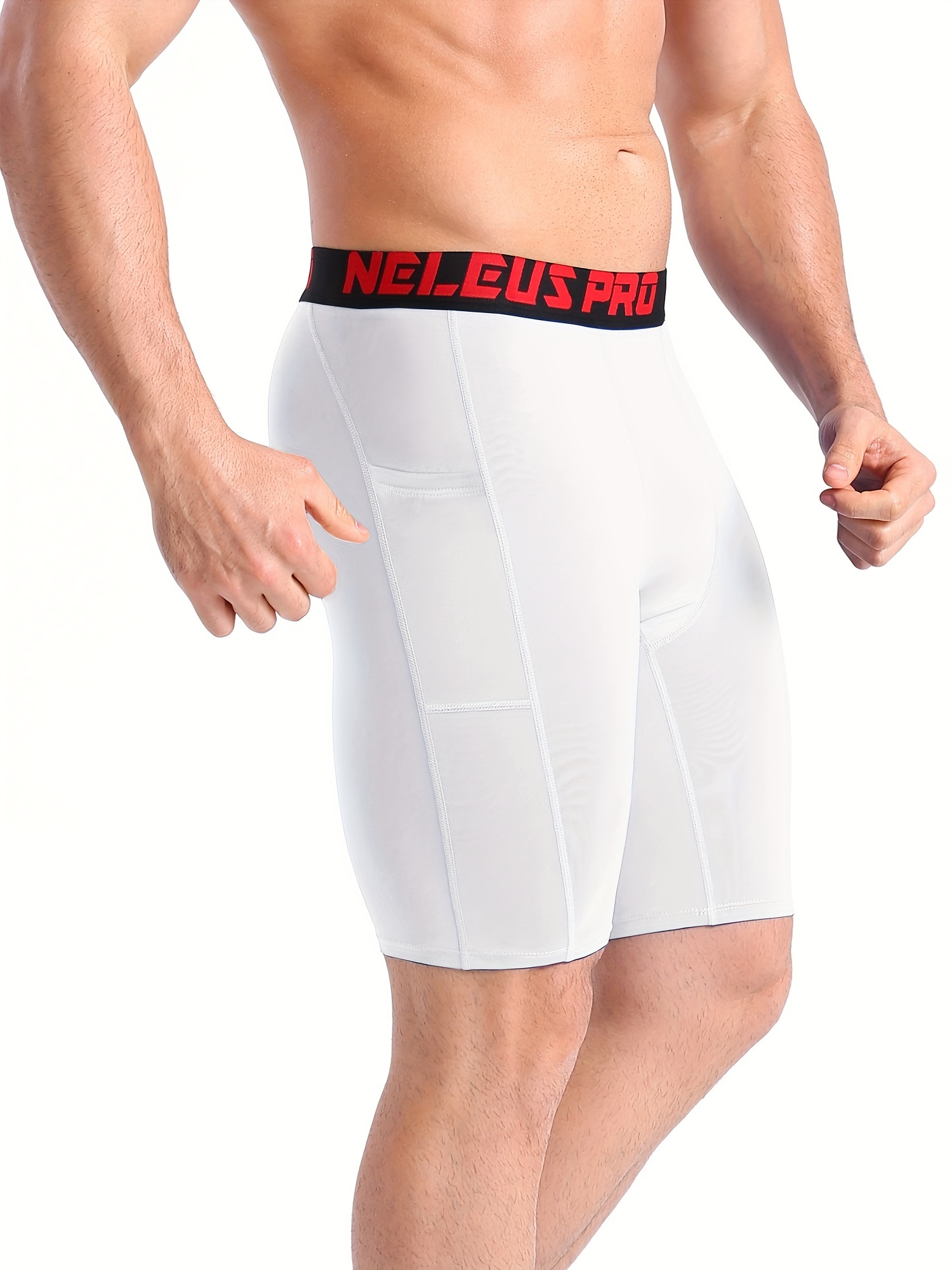 Men's Solid Compression Shorts Pocket Athletic High Stretch - Temu