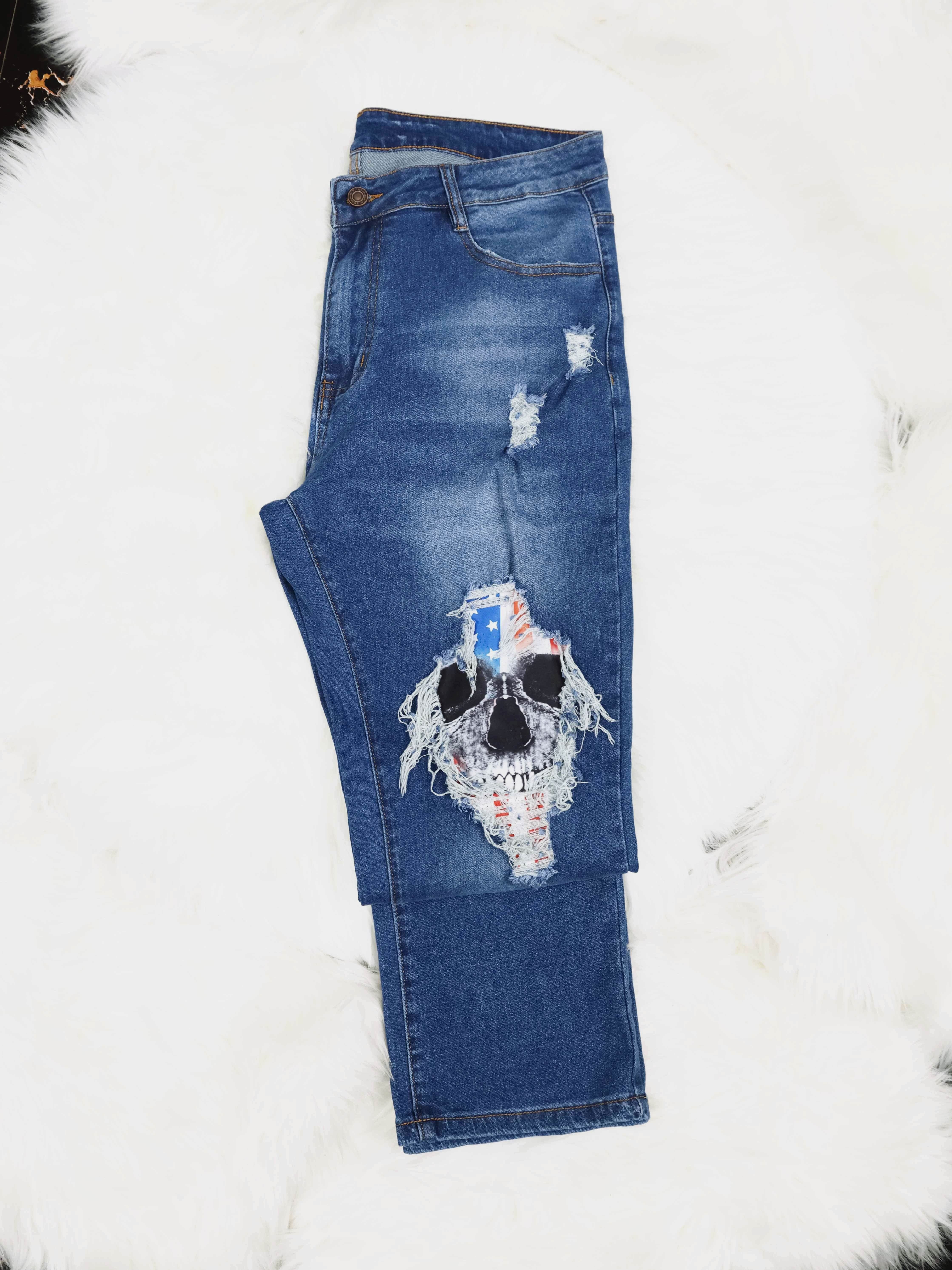 Women's Gothic Punk Jeans Plus Size Skull Print Washed Blue - Temu Canada