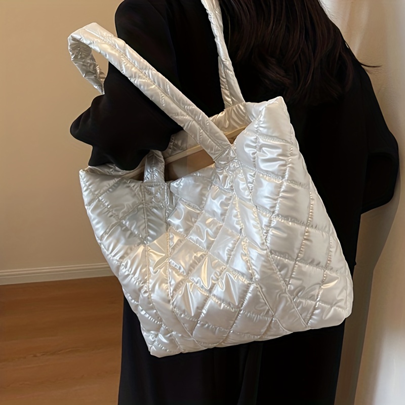 Puffer Quilted Tote Bag for Women, Trendy Padded Shoulder Bag, Simple Winter Padding Handbag,White,$15.19,Temu