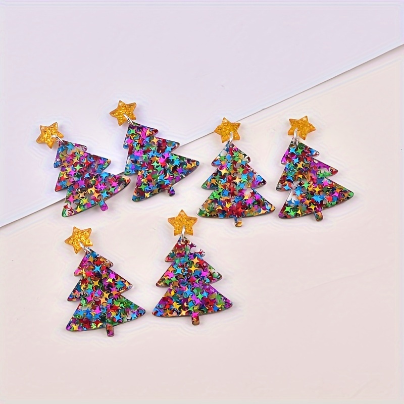 

6 Pcs Glittery Christmas Tree Acrylic Earrings - Diy Pendant Dangle Earrings - Jewelry - Made With Acrylic